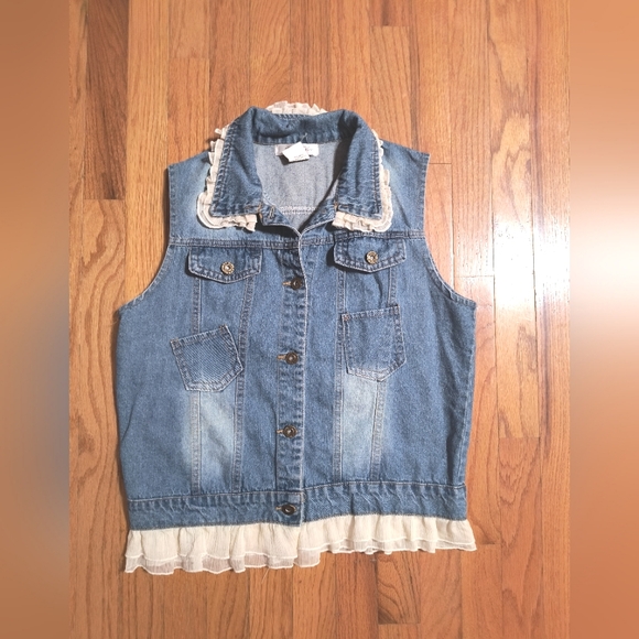 paisley vine Jackets & Blazers - Paisley Vine boho distressed denim vest with lace trim, women's large